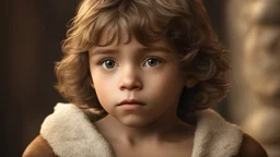 Thoughtful calm 3-year-old Neanderthal boy, confident, peaceful, aware, intelligent, showing his head and upper body, perfect eyes, perfect anatomy, exquisite composition, beautiful detailed intricate detailed octane render, 8k artistic photography, photorealistic, soft natural volumetric cinematic perfect light, chiaroscuro, award-winning photograph, masterpiece, raphael, caravaggio, bouguereau