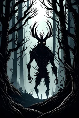 Illustrative shadow demon in dark a nordic forest. The demon is being shackled by branches from the trees
