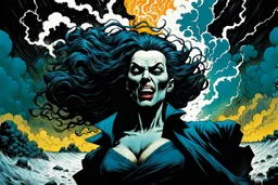 create a surreal horror comic style illustration of female vampire conjuring a violent storm , with highly detailed facial features, in the comic art style of RICHARD CORBEN and MIKE MIGNOLA , searing lines and forceful strokes, precisely drawn, boldly inked, with gritty textures, vibrant colors, dark and dramatic otherworldly lighting