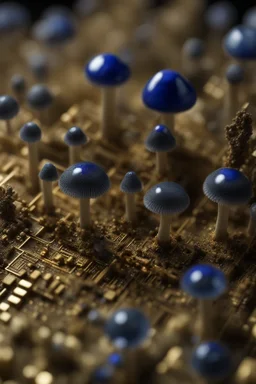 [Tilt-Shift Photography] Cobalt crystals and voltage regulators emerged, bell-like fungal caps obscuring underlying transistor arrangements. The central CPU took on the quality of a sculptural ruin beneath its shroud of rhizomorphs. Cracked chips ringed it like miniature ruins, exposed bond wires bonded in delicate gold. Mushrooms peeked from slots and etched grooves, waving as from fairy-scale windows. Fibrous roots stretched in community between blurred banks of memory and vanishing fiber opti