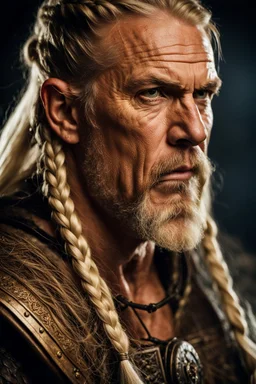 portrait of a 60-year-old viking , long blond hair with Two braids hung down neatly in front of his ears. Rugged face with a scar. blonde beard, fantasy