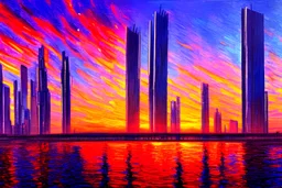 Futuristic cyberpunk buildings, sunset, impressionism influence, realistic painting