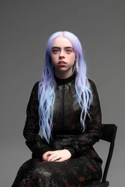 Billie Eilish, sitting on a chair, Black Short Dress, high detail, realistic, 8k