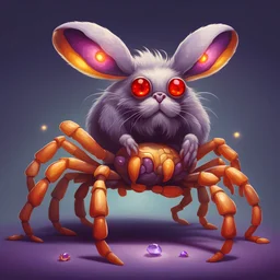 Bipedal creature resembling a Rabbit with brow-gray fur glowing yellow eyes red crab-like legs and a gold and purple crystal hermit crab shell in cartoon art style