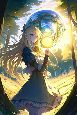 Anime, blonde girl in medieval clothing in large field in the middle of the forest with a globe of light next to her, HD, extreme detail