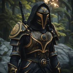 star wars bald male corellian pilot wearing pearlescent black and gunmetal grey First Order special forces heavy assault armor and helmet with gold trim inside the jedi temple, centered portrait, hyperdetailed, dynamic lighting, hyperdetailed background, 8k resolution, volumetric lighting, light skin, fully symmetric details