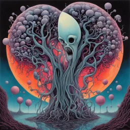 Embryo album cover art, moon gloom strange gurgling, morbid, expansive, surrealism, creepy, artistic, by Peter Shire, by Steven Harrington, bright vivid colors, cel shaded, reflective, sharp focus, sinister