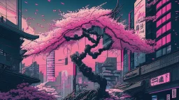 Japanese cherry blossom, in cyberpunk city, comic style,