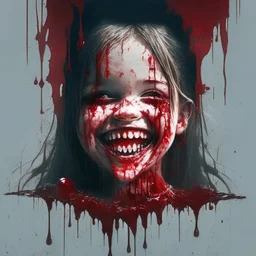 girl smiling, creepy, dripping blood, shattered glass,