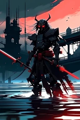 samurai robot in black cloak in a cyberpunk environment and big blood sword anime in sea