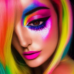 masterpiece, best quality, woman, sparkling eyes, fluorescent skin, colorful makeup, blond flutter hair, highly detailed body, sun light, 4K, RAW, depth of field, high contrast, realistic details, 24mm