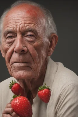 imagine a world where everything is made out of strawberries, a 4k UHD strawberry skinned man, a 1080p strawberry skinned woman, Full Color image, 8k, Ultra-HD, hyper realistic, Photorealistic, focused, fine detail, professional photo, beautiful -- head to shoulder pose, 80-year-old Harold Kendall sitting facing almost forward, thin, bowl-cut, gray hair, short mustache, clean shaven chin, medium build, tan leather jacket with wide collar, light blue button up shirt, Blue Jeans, black tennis shoe