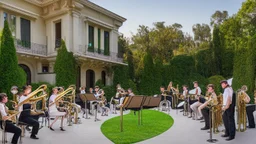 panoramic ,brass orchestra playing outside a beverly hills style mansion, exterior photography of a romantic and bright house, 8k, ultra HD