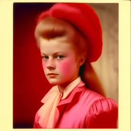 Young Marie-Antoinette in pink and red, heavy haircut, polaroid 1970s