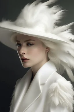 All white textured a woman with white classic feathered hat and white clothes
