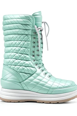 Mint puffer boots with a grey embossed large grid pattern and a mint sole