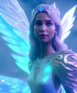 A smiling crystalised queen, atmospheric, realistic, unreal engine, cinematic lighting, octane render. blue, pink, transparency, light, shine,bright, full body, transparent wings, blonde, long hair, nice smile