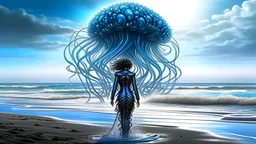 Wide-angle shot of a woman, standing to one side on a beach with huge waves, with dark hair in a silver robotic catsuit, many large blue jellyfish shaped like mushrooms with tentacles floating high up in the air, masterpiece, best quality, super detailed