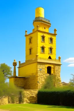 A yellow castle with a sun tower designed in Ica stones painted by Mark Rothko
