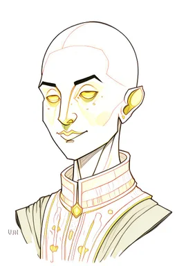 full colour drawing, portrait, 22-year old friendly slender female human cleric, shaved head, blonde eyebrows