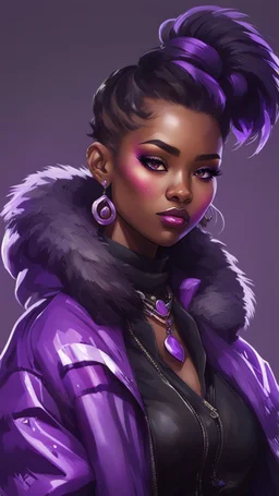 arcane tv show style, league of legends, solo, 1girl, attractive teenager, african, dark skin, dark-brown eyes, black hair, pair buns, (violet strand in forehead bang), bullet necklace, earrings, modern makeup, (detailed skin texture), open short black oversize puffy jacket with fur collar, black top with acid-violet abstract print, dark background, bokeh