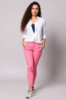 beautiful lady in pants and pretty shirt curvy long hair sport shoes standing relaxed posing to camera simple empty studio background