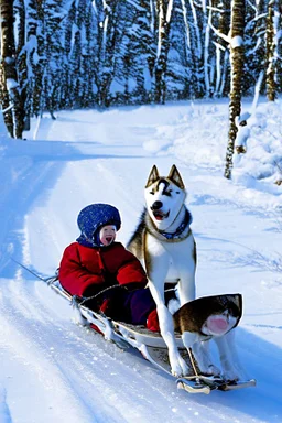 Matthew (niño) y Margaret (niña) viajan en un trineo tirado por un husky por un paisaje nevado