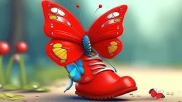 cute little butterfly is wearing red boots on his feet
