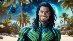 beautiful gorgeous young man na'vi with long hair, Avatar, blue skin, two small ears, green eyes, black hair, in cosmic suit, galactic ambiance, medium pointy goatee , smiling, with spaceship and planets and palm trees and clear crystaline cosmic beach in background