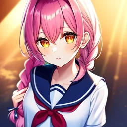 girl, masterpiece, best quality, volumetric lighting, detailed outfit, perfect eyes, pink hair, orange eyes, school outfit, braided ponytail,