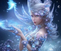 mondo fairy con fiori di cristallo bianchi e blu, prati tra le stelle con cavalli dal muso perfetto,che volano in un cielo stellato, astronavi stellari, castelli fatati con cascata