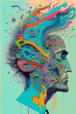 "Chaos Is Our Mental State"; Side Profile Of A Human Head Full Of A Chaotic Whirlwind Of Faces, Symbols, Words, And Products; Pop Art; Surrealism; Salvador Dali, Alex Pardee, Insanely Detailed; Intricate; Award-Winning; Bright Pastels