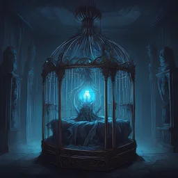 A cage that contains a monster from the darkest abyss and a ayleid chandelier hanging down glowing eerie blue light over it, in eclectic art style