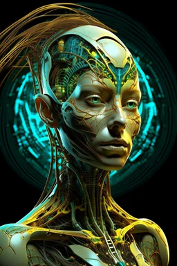 Create a surreal, futuristic portrait of a humanoid woman organic hair figure with a bright, skin surface. The figure’s head and upper body are partially disintegrated, revealing intricate, glowing, organic structures beneath the surface. The inner structures are illuminated with teal and golden hues, resembling bioluminescent veins or energy cores. The figure is in a contemplative pose, with one hand gently touching its chin. The background is minimal and abstract, allowing the focus to remain