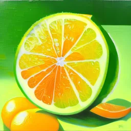 painting of a slice of citrus fruits, oranges realistic, acrylic paint, green