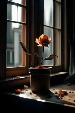 Dying flower in pot, sitting on windowsill, petals falling off, looking straight on, light coming from window behind the flower, hd, realism, hdr, 4k, leica, fujifilm, dslr, cinematic