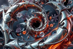 Dynamic complex hypnotic fractal 3D structures Symmetry twisting and morphing between plants ,birds and metal geometric forms , smooth translucent iridescent glass with inner glow and bubbles, varied transparent materials, stormy skies, intense dramatic