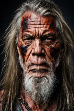 portrait of a 55 year old man. He's a warrior. His face is scarred. He has salt and pepper long hair and a beard.