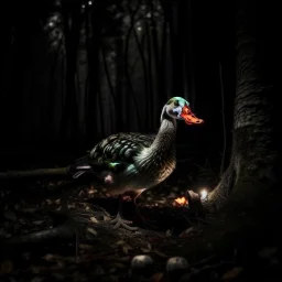 horror goose in forest with flashlight