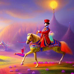 ringleader, Arthur Kulkov, front, handsome, circus, male, Fenghua Zhong concept art, Russian, lisa Frank fantasy, detailed matte painting, 8k resolution, Golden hour, interesting detailed storybook fantasy