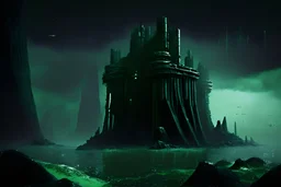 eine schwarze sifi Festung im Star Wars Style mit hohen Mauern und Türmen auf einem schwarzen Felsen in einem Ozean aus dunkelgrünen , ätzendem Wasser ohne Wellen