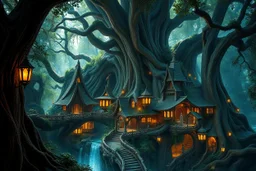Ultra realistic photo of an elven village hidden inside giant ancient trees, elegant organic architecture, glowing lanterns, crystal bridges, magical forest environment, enchanting atmosphere, practical fantasy design, realistic materials, cinematic lighting, volumetric rays, HOF, full size, (((realism, realphoto, professional DSLR photography, photorealistic, ultra detailed, 64k)))