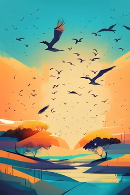 Landscape with birds flying on summer , abstract style