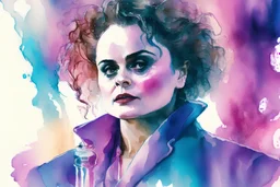 a watercolor painting of a powerful-looking Helena Bonham Carter, a lab coat, experimenting with chemicals experimenting with chemicals, and a gradient background in shades of pink or blue.