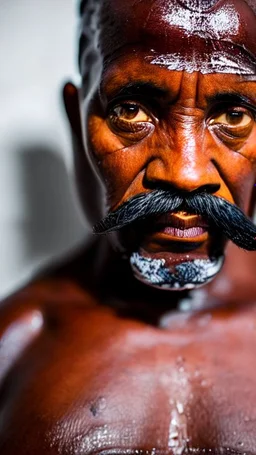 strong stocky marocan with chevron moustache 40 years old under the shower, hands over the head, big tights, wet, in an old bathroom, misery and poverty, photorealism, 35mm lens, ultra detailed, extreme close up photo