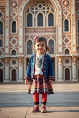 a little girl that is standing in front of a building, a picture, arabesque, !8k!, kazakh, insanely cute, amazing cgi, kurdistan, adorable outfit, a still of a happy, so cute