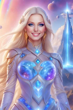 cosmic woman smile,beautiufos rainbow, admiral from the future, galactic confédération, fine whole face, crystalline skin, expressive blue eyes,rainbow, smiling lips, very nice smile, costume pleiadian, Beautiful tall woman pleiadian Galactic commander, ship, perfect datailed golden galactic suit, high rank, long blond hair, hand whit five perfect detailed finger, amazing big blue eyes, smilling mouth, high drfinition lips, cosmic happiness, bright colors, blue, pink, gold, jewels, realist,