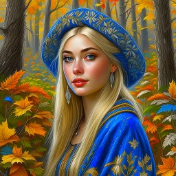 Blue eyed blonde women in traditional dress, nature background, painted, digital painting, water color, 24k, high resolution, highly detailed, cozy, forest with leafs, mushrooms and flowers, smooth, art by JOHN STEPHENS