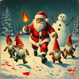 there is no kebabs at christmas, evil Santa, evil gnomes running around, staring flaming eyes, evil Rudolf, very big evil angry Frosty the snowman in background, kebabs and kebab, 1940 christmas postcard, blood stains, scared kerubs