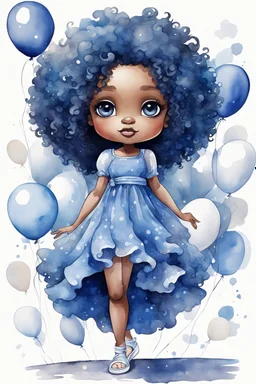 A watercolor fairytale style of a chibi cartoon wearing a blue maxi dress and white sandals. Prominent make up with hazel eyes. Highly detailed tight curl afro. Background of white and blue ballons everywhere.